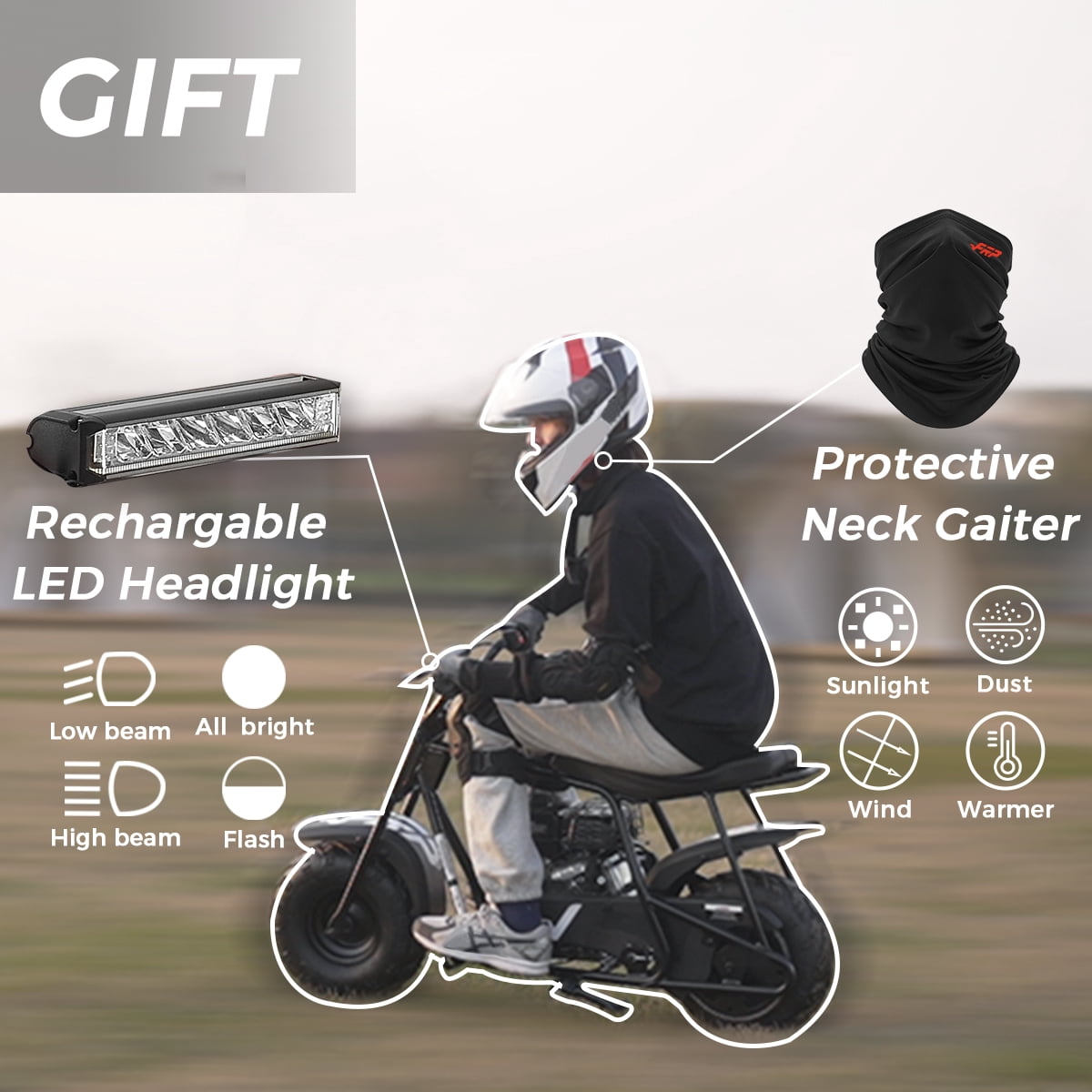 FRP GMB100 Mini Bike, 99CC 4-Stroke Mini Bikes for Adults, Gas Powered Mini Dirt Bike, Off-Road Motorcycle W/LED Headlight and Neck Gaiter, Up to 28 Mph, Weight Support Up to 220 LBS