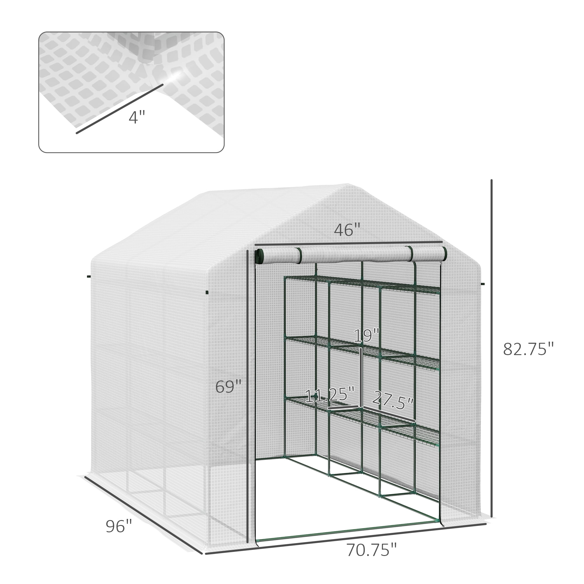 Outsunny Walk-in Greenhouse with Roll-up Zipper Door, 18 Shelves, PE Cover, Small & Portable Build, Humidity Seal, 95.25" x 70.75" x 82.75", White
