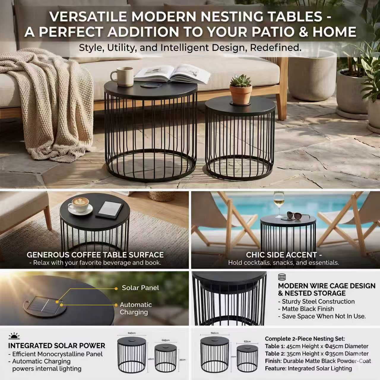 2Pack Solar Powered Nesting Side Table Set, Modern Round End Tables with Solar LED Lights, Metal Wire Cage Accent Tables, Indoor/Outdoor Patio Nightstand for Living Room, Balcony, Garden