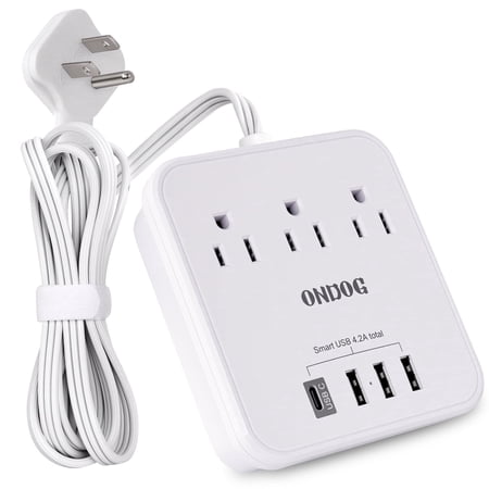 Power Strip with 3 AC Outlets & 4 USB Ports (1 USB-C), No Surge Protection 6 Ft Extension Cord, Suitable for Office, Home and Cruise, White