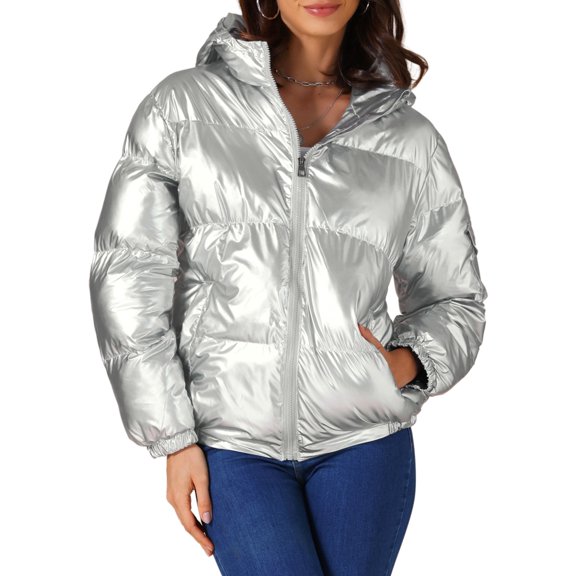 INSPIRE CHIC Women's Casual Shiny Pockets Hooded Winter Puffer Jackets Coats S Silver