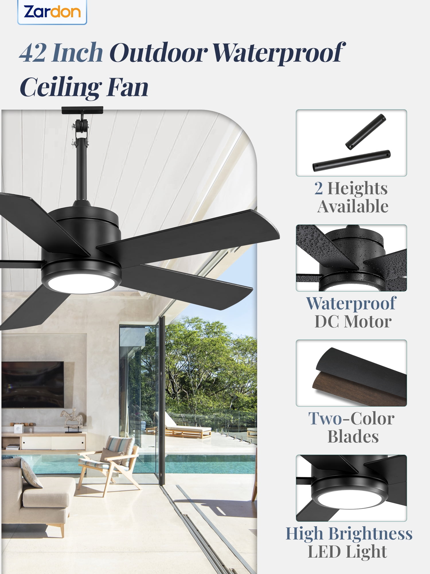 Zardon 42" Outdoor Ceiling Fan with Light & Remote, Waterproof Plug-in Ceiling fan with 6 Speeds, DC Motor, Downrod Mount for Patio, Gazebo, Pergola, Porch- Black