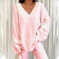 thumbnail image 2 of 2pcs/set Women Plain Tracksuits Set V Neck Loose Tops+long Pants Loungewear Pyjamas Sets, 2 of 3