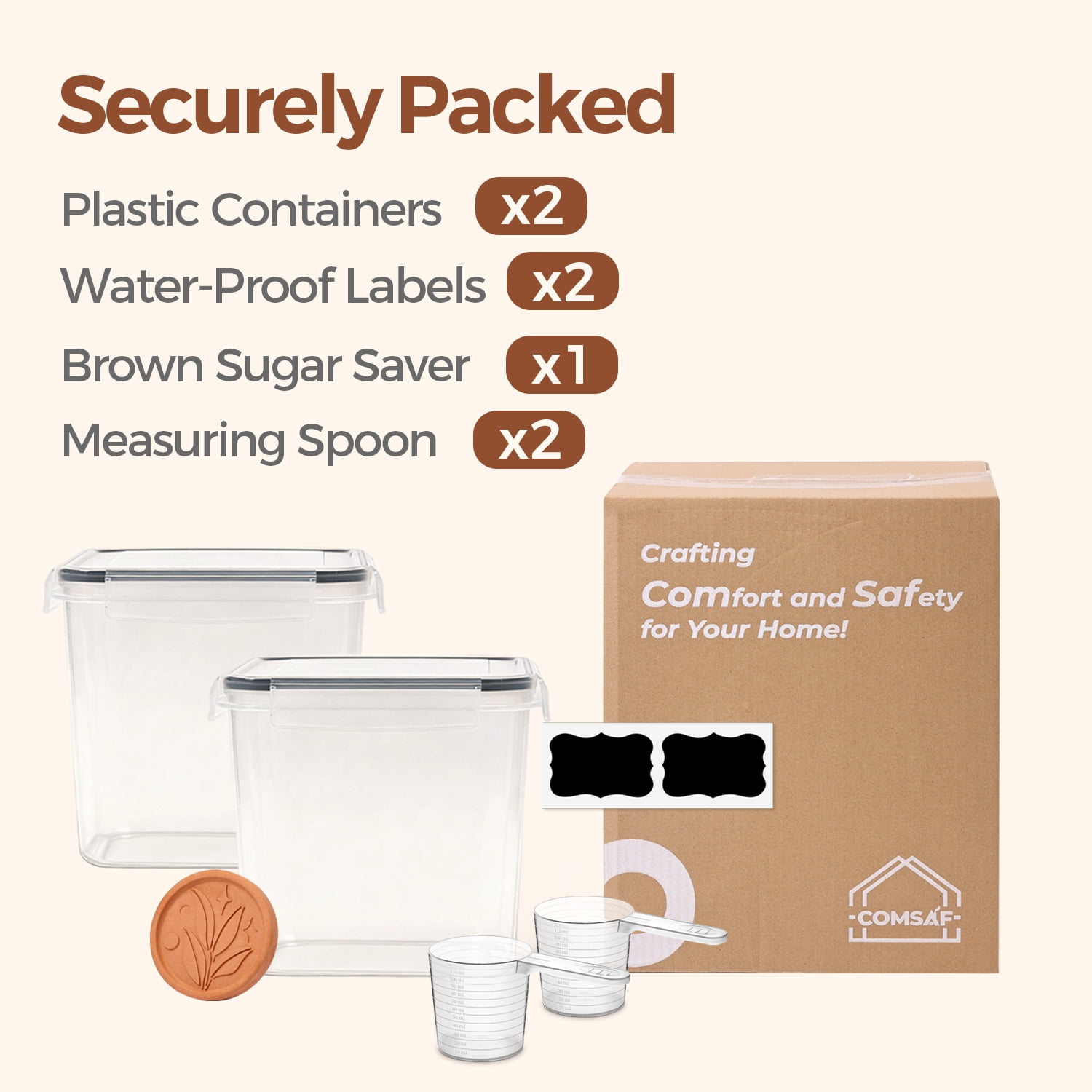 ComSaf Brown Sugar Container Set of 2 (2.5L/2.6Qt), Airtight Food Storage Containers with Lids and Terra Cotta Brown Sugar Saver, Plastic Canisters Sets for Kitchen, Pantry Organizer for Flour, Bakin