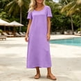 thumbnail image 5 of Women's Solid Round Neck Beach Dress Short Sleeve Vacation Skirt, 5 of 8