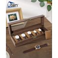 thumbnail image 3 of con 6 ranuras, caja con tapa de vidrio real, caja de almacenamiento de exhibición de reloj de cuero PU de grano de madera, 3 of 5