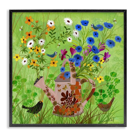 Stupell Industries Eclectic Bright Gardening Can & Birds Black Framed Giclee Art, 12 x 12, by Kay Widdowson
