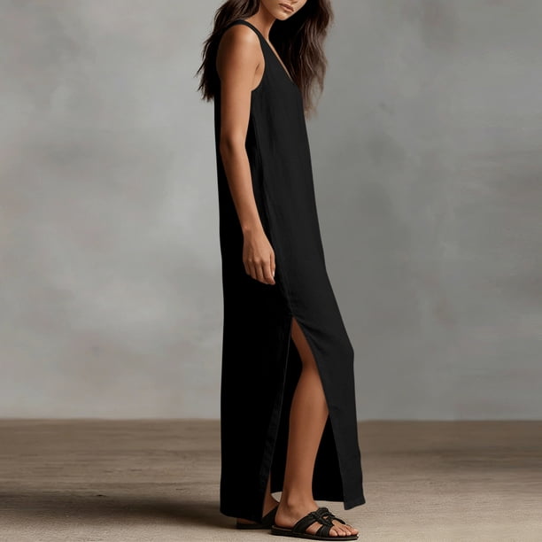 Womens Summer Plus Size Dresses Sleeveless V-Neck Solid Color Linen Midi Dress With Side Split Party Club Summer Fashion Outfits
