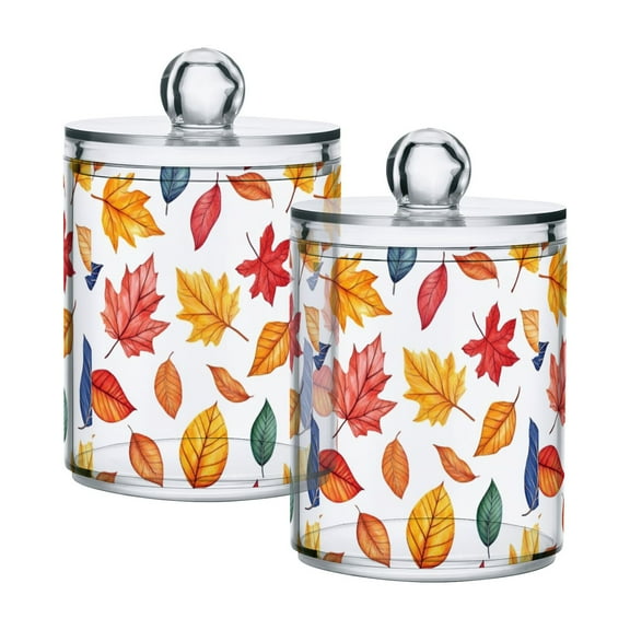 Yayeee 2 Pack Qtip Holder Bathroom Cotton Swab Canister with Lid Clear Dispenser Set, Blue Leaves