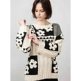 thumbnail image 5 of Women Flower Print Color Block Sweater Casual Pullover Tops Long Sleeve Cable Ribbed Knit Sweater  L, 5 of 9