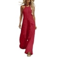 thumbnail image 2 of Linen Jumpsuit for Women Playsuits Wide Leg Dressy Pants Overall Ladies Summer Casual Dungarees Romper with Pockets Red L, 2 of 7