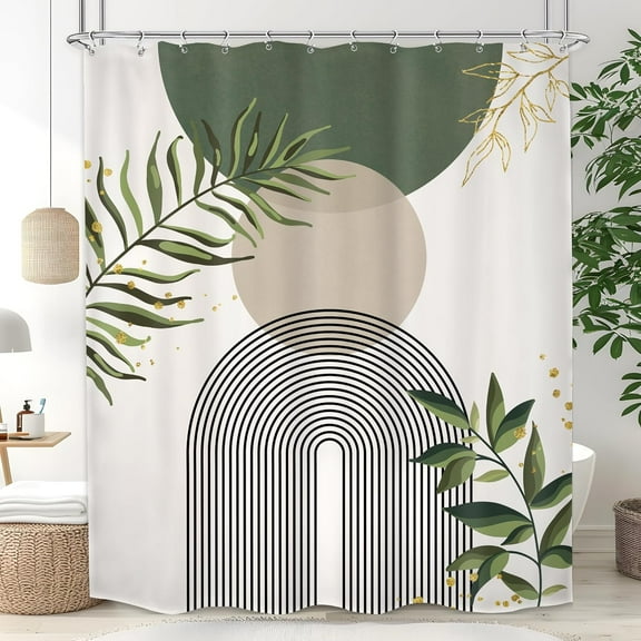 Boho Sage Green Shower Curtain, Abstract Century Modern Bathroom Curtain, Gold Leaves Plant Olive Grey Minimalist Bathroom Decor Bath Curtain12 Pack Hooks 72"W x 72"L (Pack of 1)
