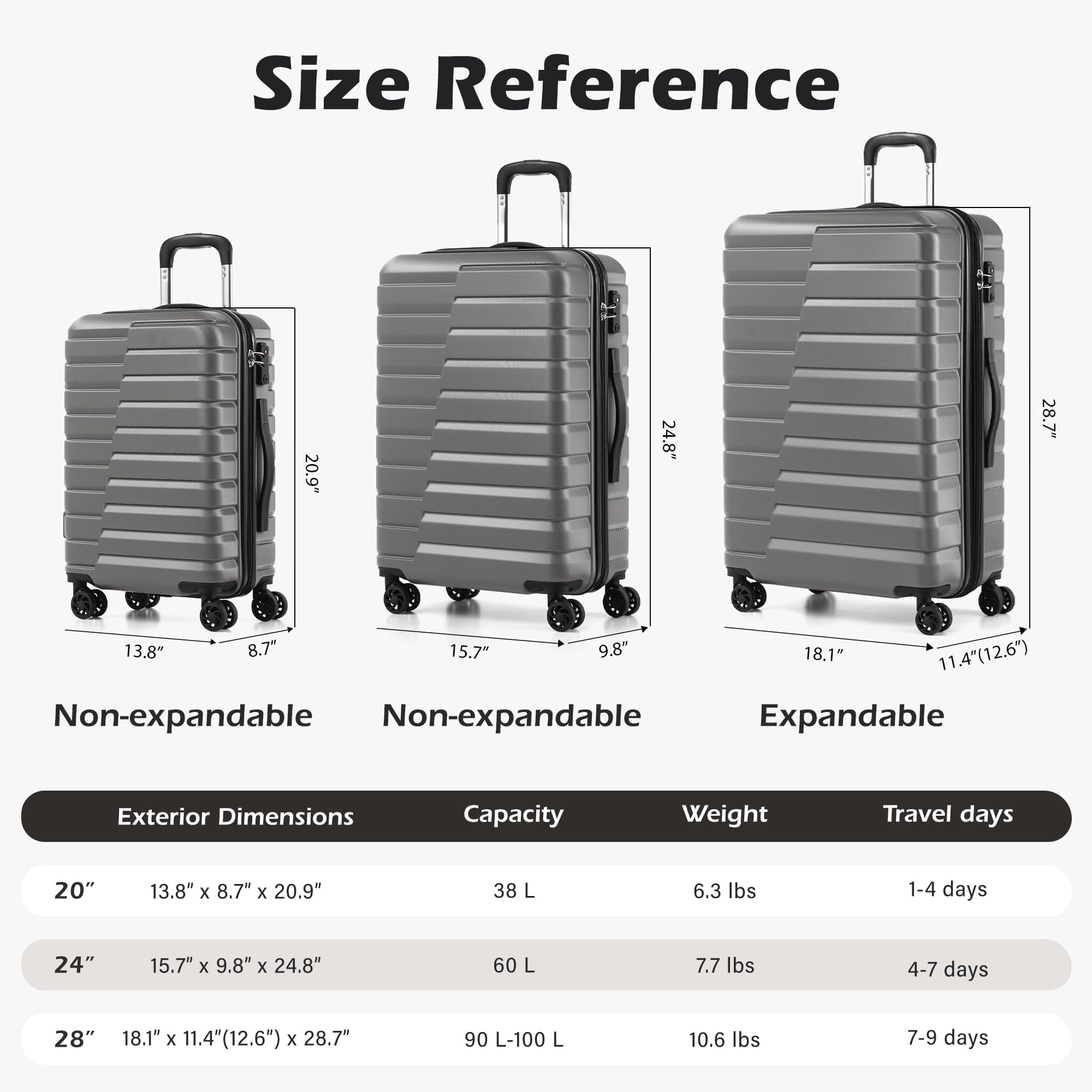 Coolife Luggage Sets, 3 Piece Hard Shell Suitcase Set with Spinner Wheels, Expandable Large Checked Luggage, Lightweight Rolling Carry On with TSA Lock Gray