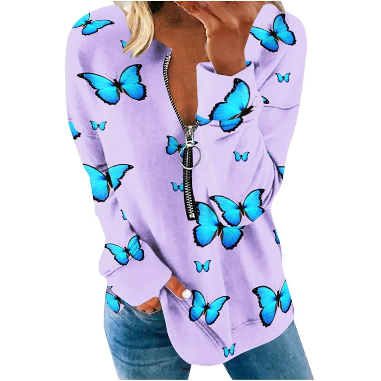 CYMMPU Trendy Blouses Ladies 1/4 Zipper Round Neck Clothing Girls' Feather  Printed Butterfly Floral Graphic Tops Long Sleeve Shirts Casual Sweatshirts  Holiday Tops Blue S 