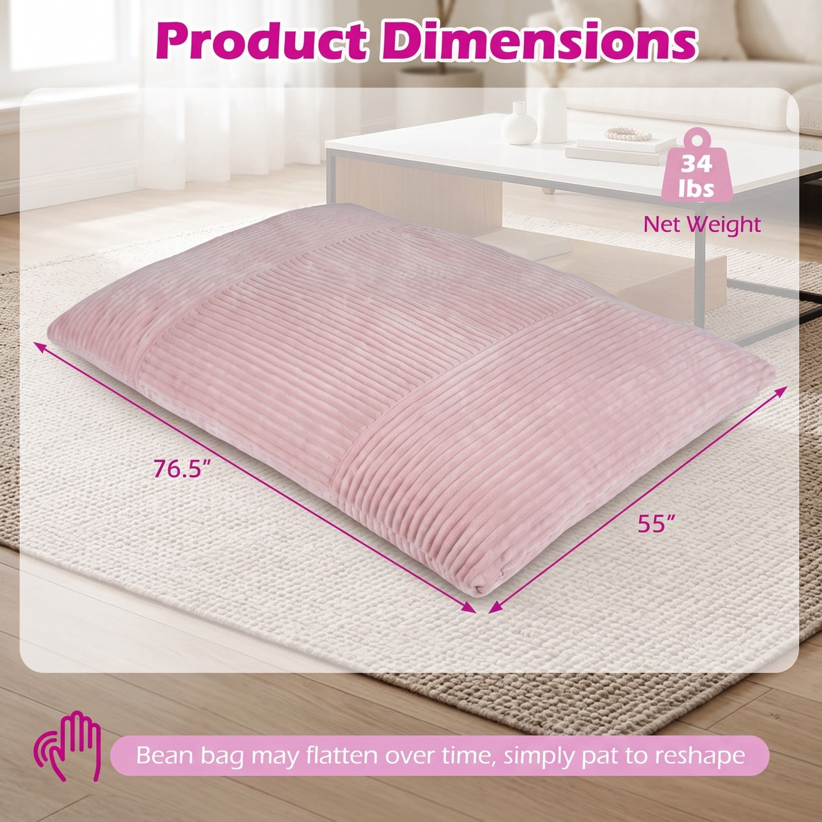 Furnibear Convertible Bean Bag Floor Sofa with Machine-Washable Corduroy Cover, Shredded Foam Lounger Bean Bag Bed for Dorm Living Room Gaming Reading Naps, Pink