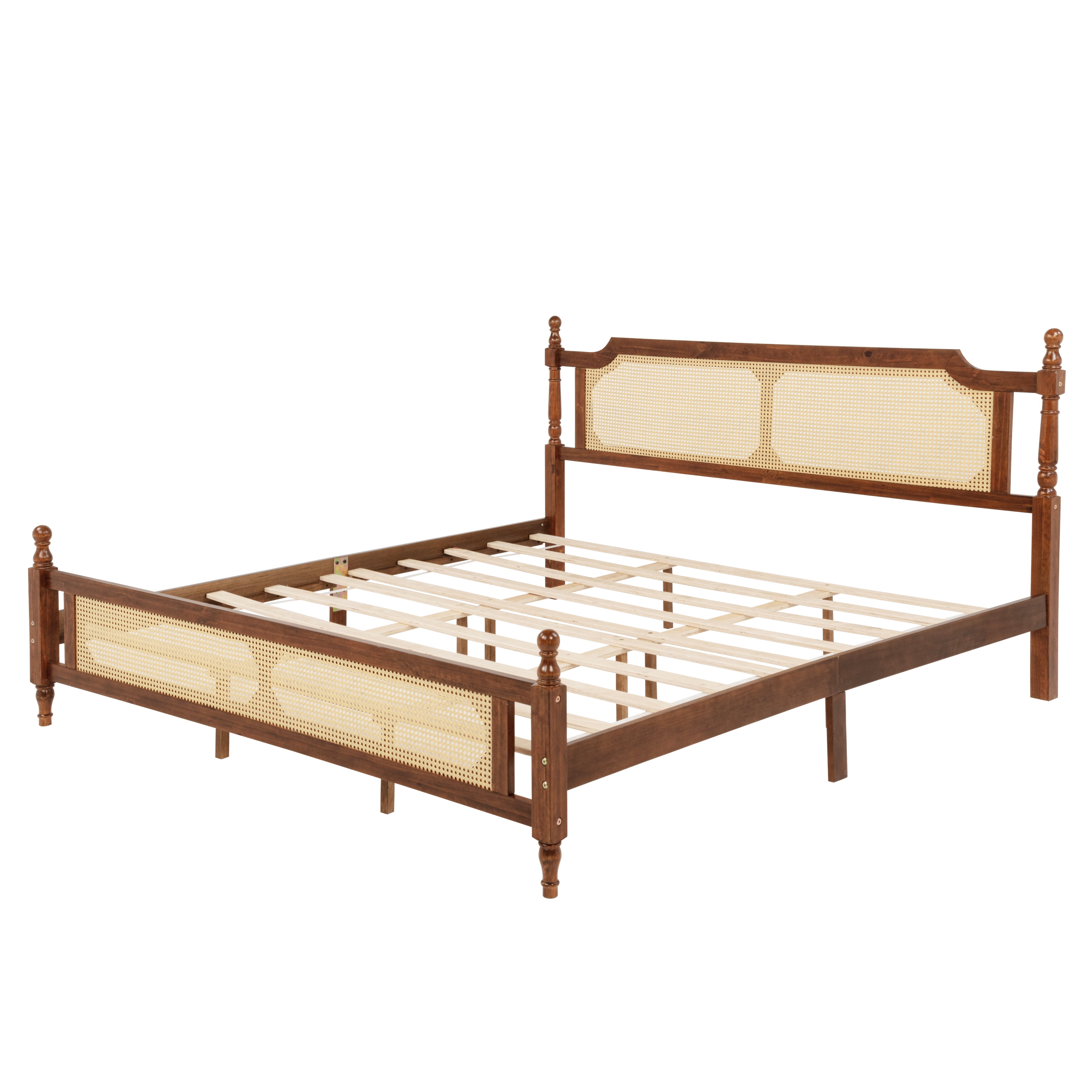 Miniyam King Size Rattan Bed with Spherical Bedposts for Adult, Walnut