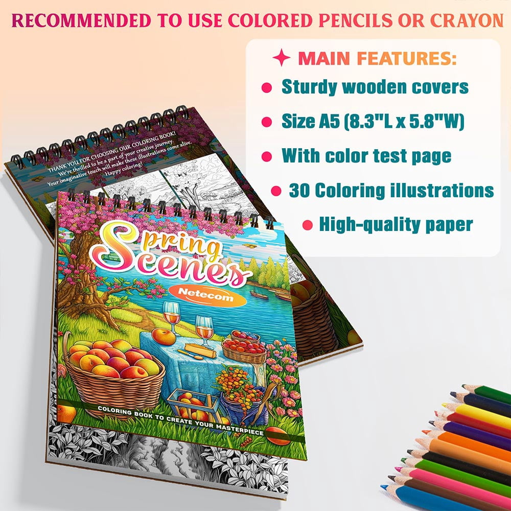 Netecom Spring Scenes Coloring Book Spiral Bound For Adults, A5 Wooden Cover, 30 Delightful Coloring Pages of Blooming Landscapes and Peaceful Gardens for Relaxation and Stress Relief
