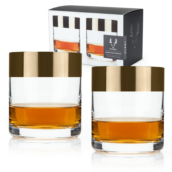 Viski Irving Bronze Rim Whiskey Glasses, Home Bar, Mens Gifts, 8oz Set of 2