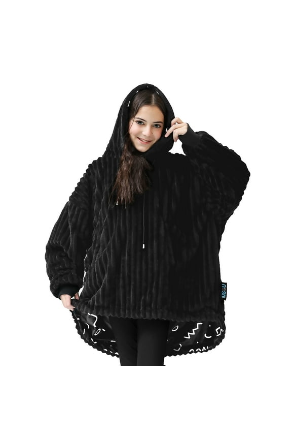 Wearable Blanket Hoodie for Kids, Oversized Hooded Blanket One Size Fits All, Reversible Plush Microfiber, Black/Scribble