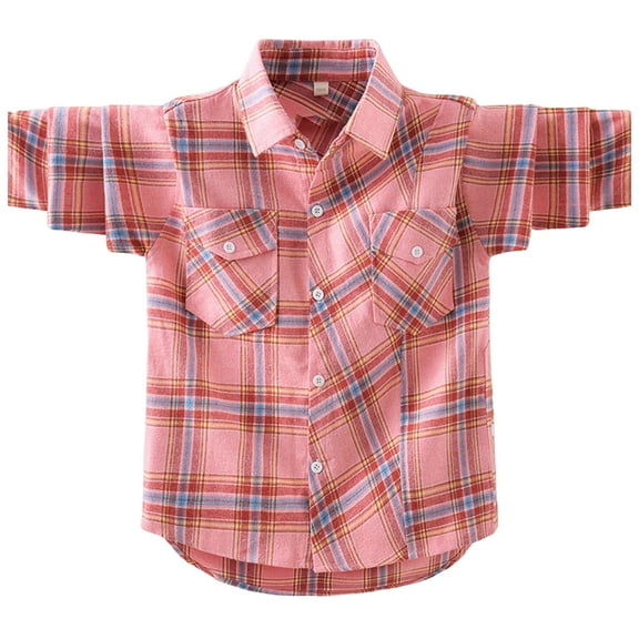 KPOPLK Boys Girls Flannel Plaid Shirt Jacket Long Sleeve Lapel Button Down Pocketed Shirts Regular Fit Casual Fall Coat(6-7 Years,Pink)
