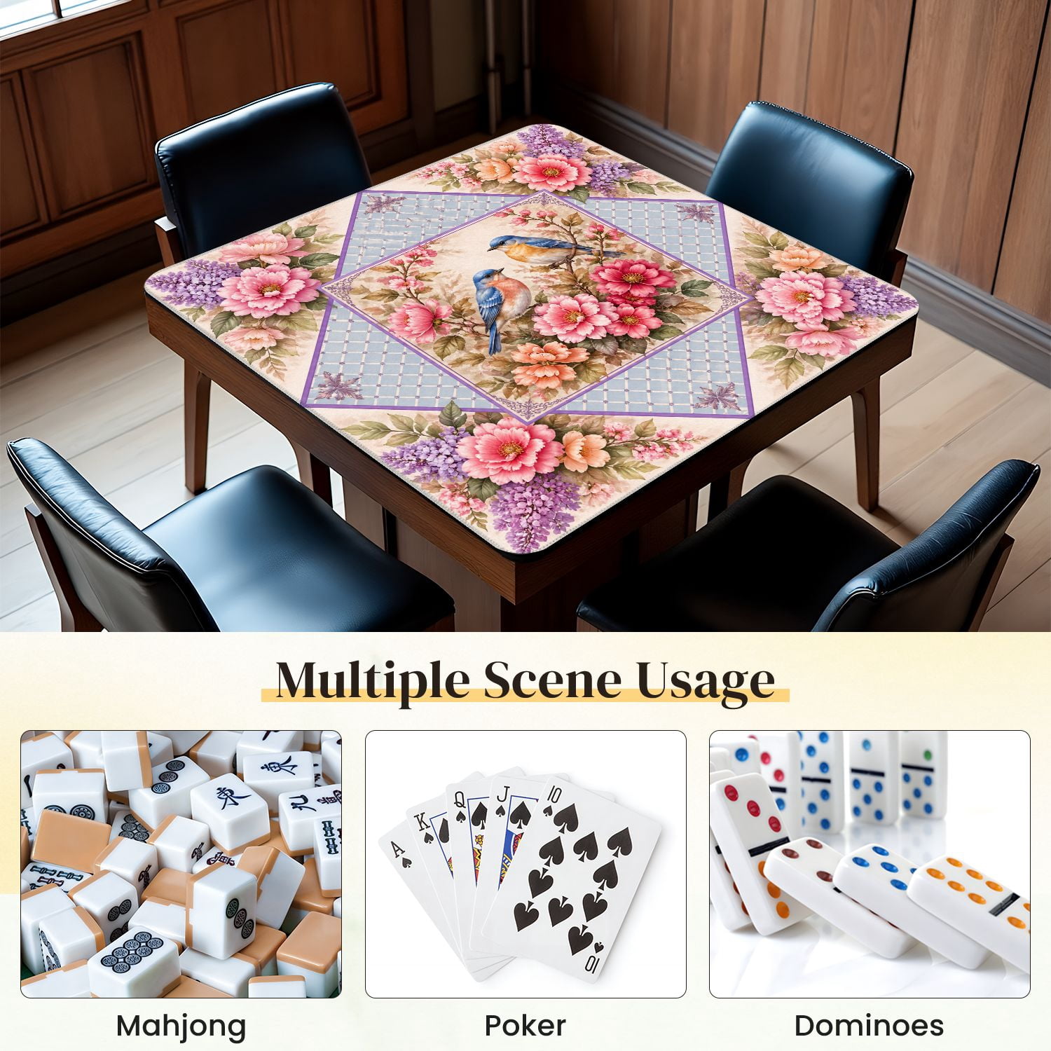Mahjong Mat 31.5" x 31.5" Bluebirds Perched Pink Purple Flowers Elegant Floral Non-Slip Noise Reduction Mahjong Tiles Table Cover for Dominoes Poker Card Board and Tile Games