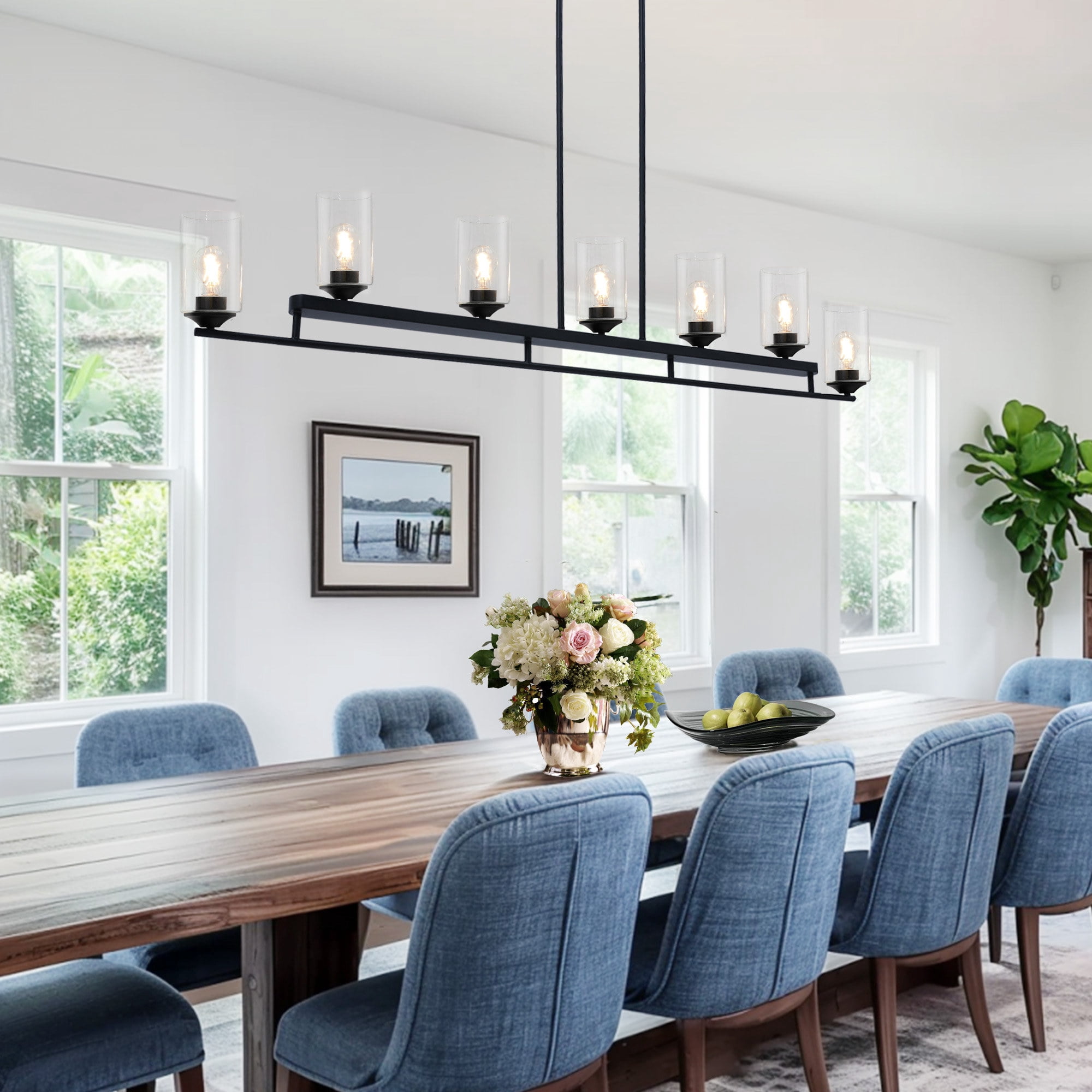 LNC 7-Light Matte Black Modern Linear Pendant with Clear Glass, Large Kitchen Island