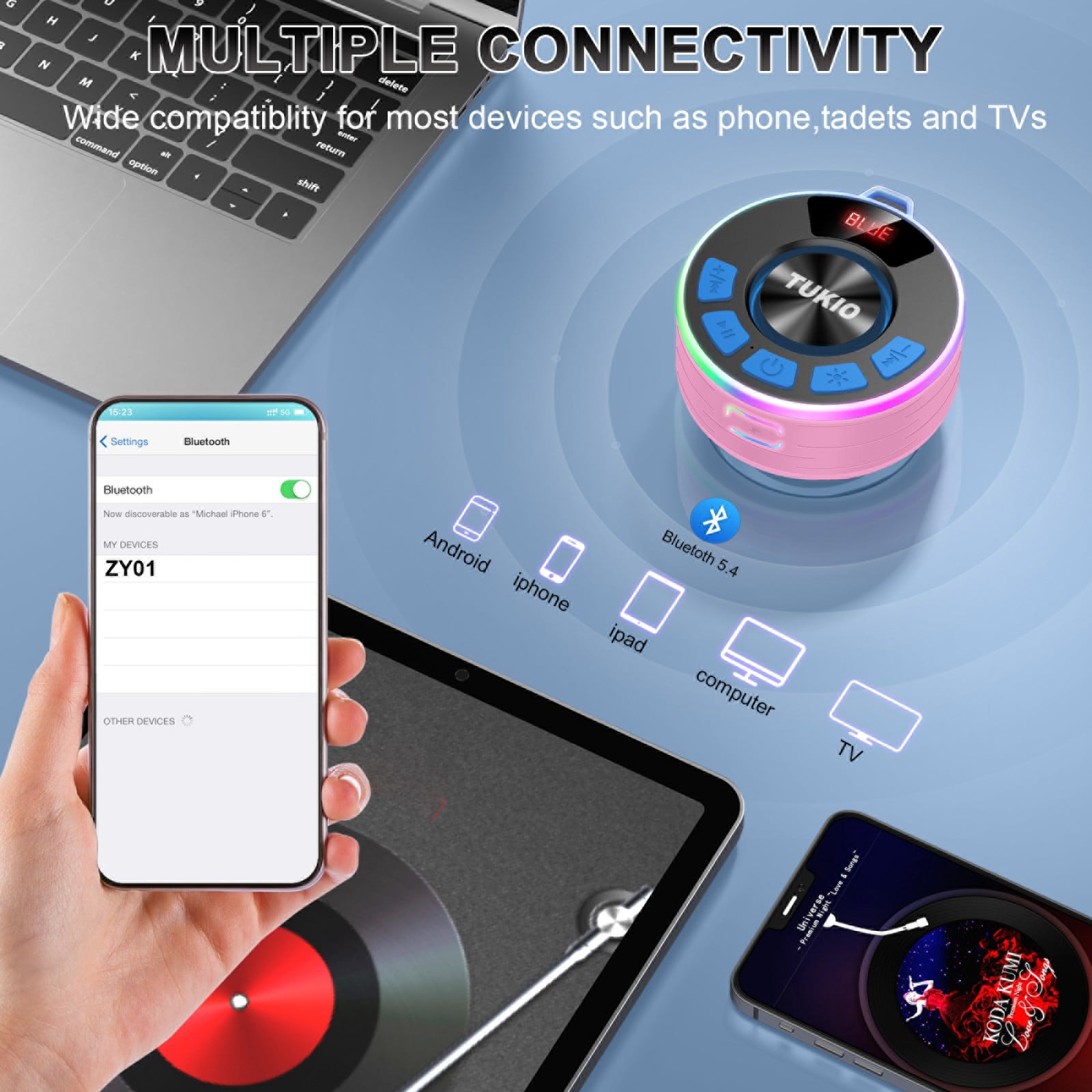 Tukio Bluetooth Speaker, IPX7 Waterproof Shower Speaker with Suction Cup, Mini Portable Speaker, 12H Playtime, Bluetooth 5.4, 360° Sound, RGB LED, Hands-Free Calls, Outdoor Pool Beach Gifts, Pink