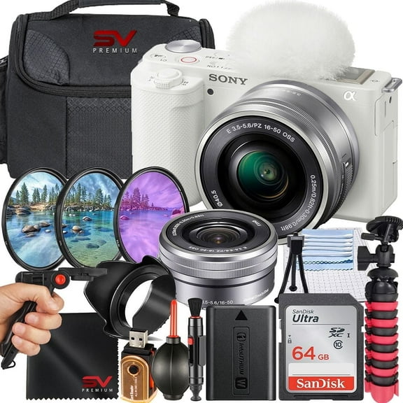 Sony ZV-E10 Mirrorless Camera (White) with 16-50mm Lens   SanDisk 64GB Memory Card   Tripod   SV Premium Accessory Bundle (International Version)