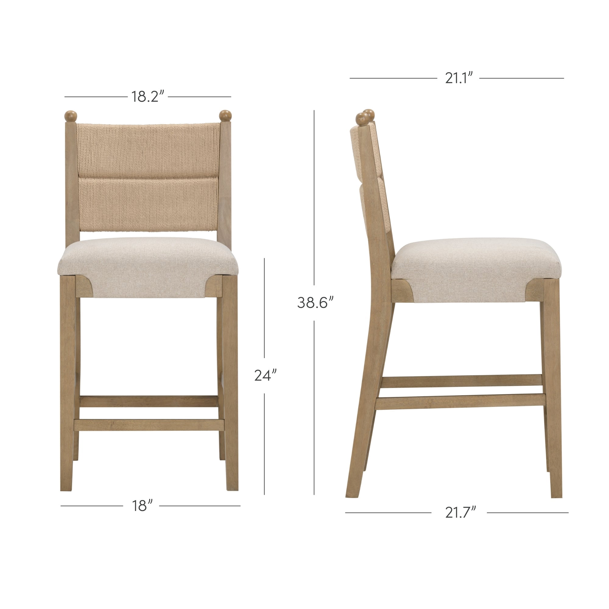 Nathan James Cove Seagrass Counter Stool Wood Upholstered Bar Stool with Natural Flax Cushion and Seagrass Backrest, Light Brown, Set of 2