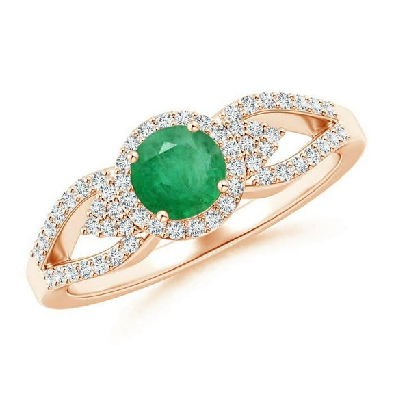 ANGARA Natural Split Shank Round Emerald Halo Ring with Cluster Diamonds in 14K Rose Gold for Women (Size-5mm) | May Birthstone, Birthday, Anniversary, Jewelry Gift for Women | Natural Emerald Ring