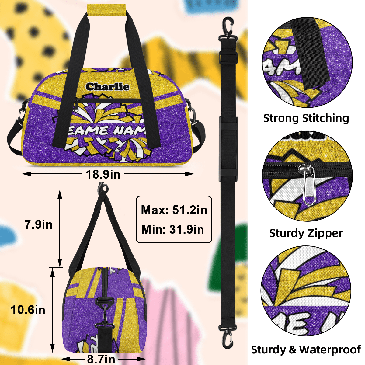Personalized Cheerleader Bag Dance Bag for Girls, Custom Team Bag Gym Bag Sport Duffel Bag, Weekender Bags Travel Bag for Cheer Team Glitter Gold Purple