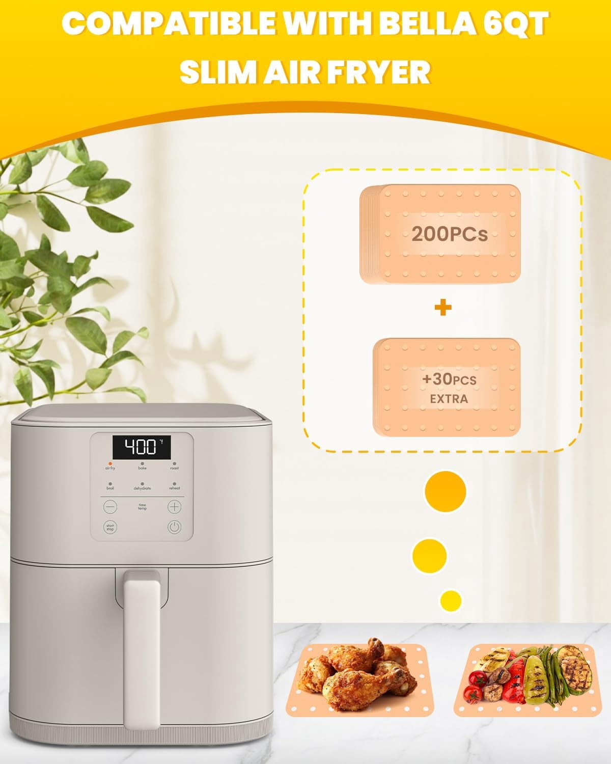 JJEAN-230PCs Air Fryer Paper Liner Perforated for Bella 6Qt(5lb) Slim Air Fryer Accessories Includes 200PCs Food Grade Disposable Parchment Paper Sheets and 30PCs Extra Pack, Non-Stick Oilproof Easy