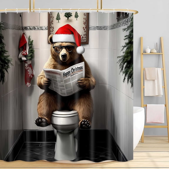 Funny Bear Christmas Shower Curtain, Xmas Tree Santa Hat Read Newspaper on Toilet Shower Curtain Set Holiday Happy New Year, Waterproof Shower Curtain for The Bathroom Restroom with Hooks, 72X72in
