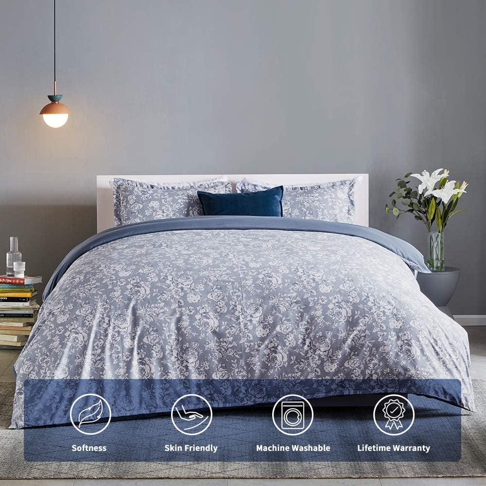 SLEEP ZONE Floral Duvet Cover Set, Ultra Soft Microfiber Bedding with Designer Print, Wrinkle-Resistant (Elegant Peony Blue, 80 x 90 inch, 3 Pieces)