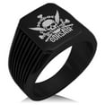 thumbnail image 1 of Stainless Steel Corsair Pirate Skull Emblem Needle Stripe Pattern Biker Style Polished Ring, 1 of 1