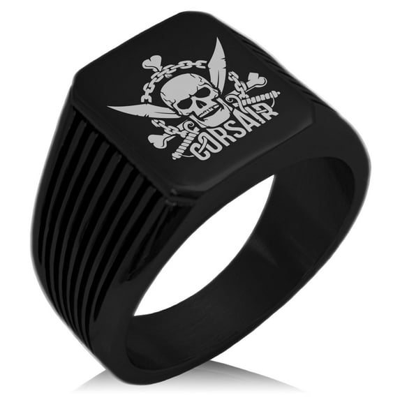 Stainless Steel Corsair Pirate Skull Emblem Needle Stripe Pattern Biker Style Polished Ring
