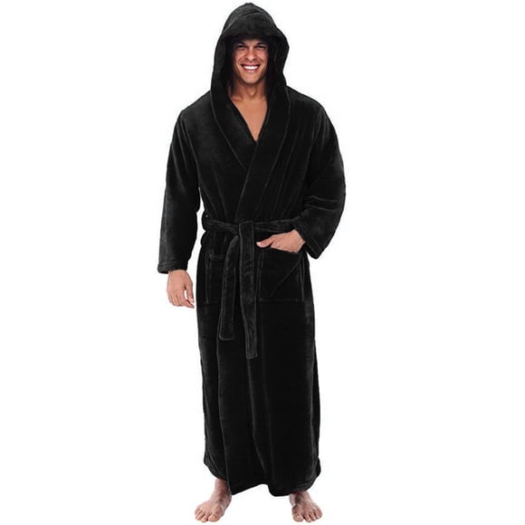 Men's Bathrobe , Plus Size Long Shawl Collar Terry Cloth Robe with Pockets, Soft Absorbent Hotel Style Spa Robe for Lounging and After Shower Black 5XL