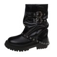 thumbnail image 3 of Willtoo Womens Retro Platform Mid-Calf Boots with Metal Buckles and Rivets Round Toe Slouchy Ruched Stacked Combat Boots, 3 of 6