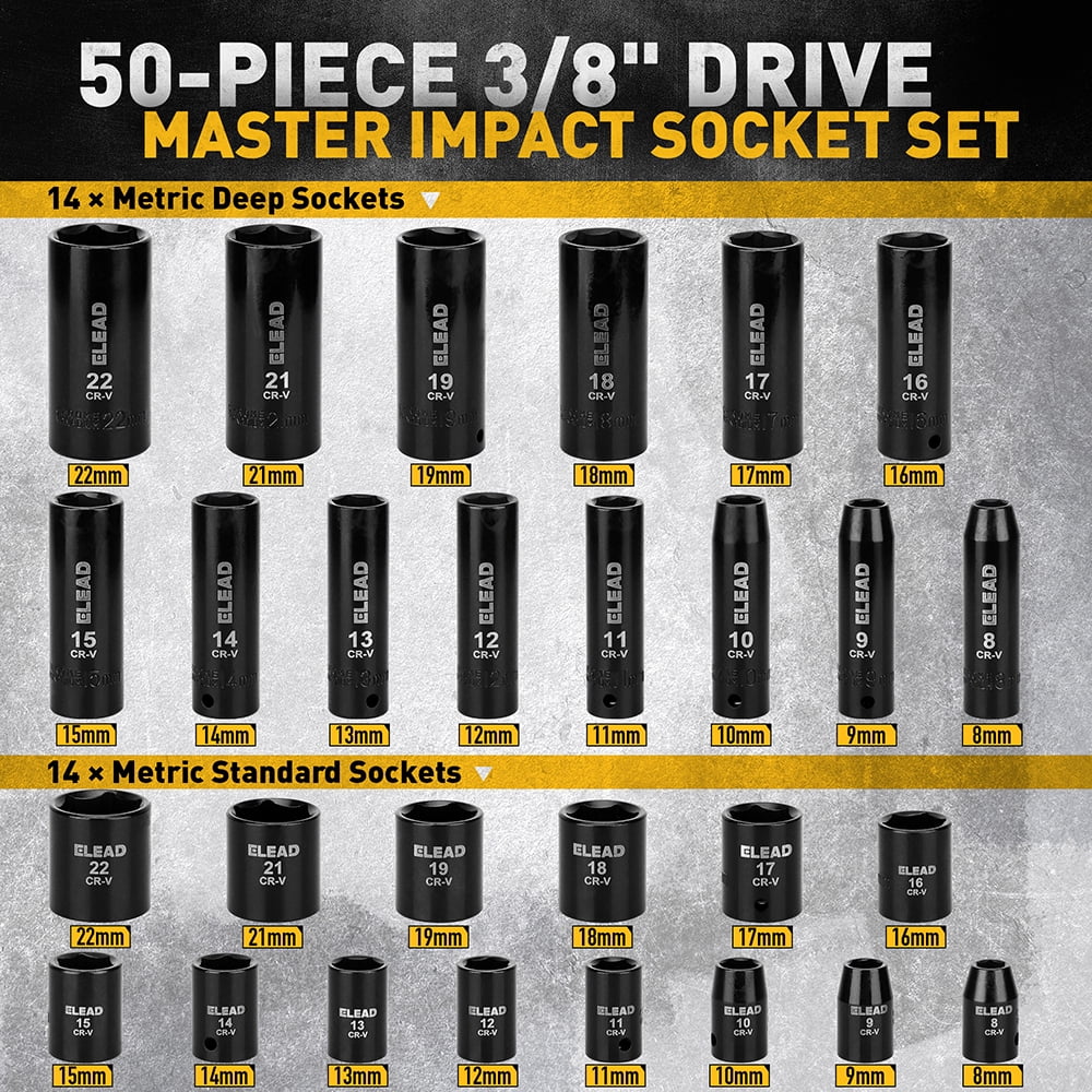 3/8'' Drive Impact Socket Set - 50-Piece Shallow & Deep Socket Set Metric and Standard Full with Universal Joint, Extension Bar, 1/2 to 3/8 Reducer, Hex Shank Socket Adapter, Ratchet Handle