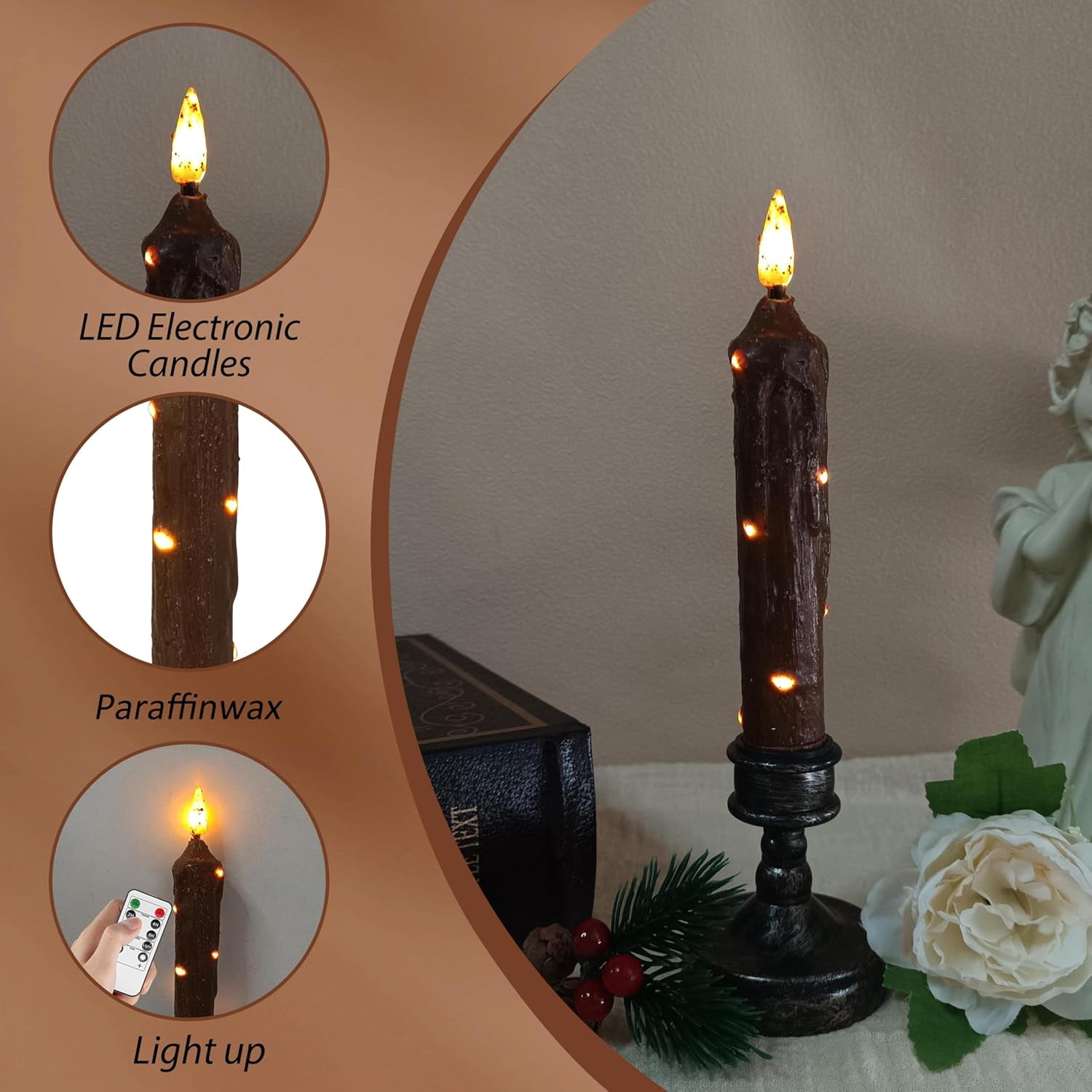 XINAOBAOLUO 6.5 Inches Hand Dipped Battery Operated Taper Candles Real Wax LED Flameless with Timer Remote Candles for Vintage Rustic Home Decor, Set of 2(Brown)