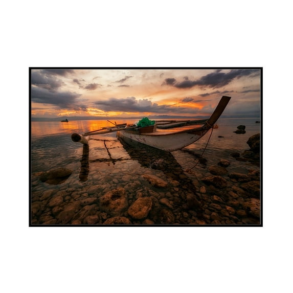 Outrigger Boat on Beach - Lantern Press Photography (36x24 Framed Gallery Wrapped Stretched Canvas)