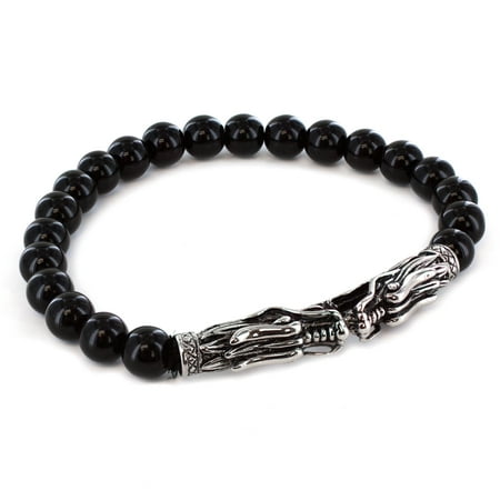 Crucible Stainless Steel Polished Onyx Antiqued Finish Dragons Beaded Stretch Bracelet (8mm)