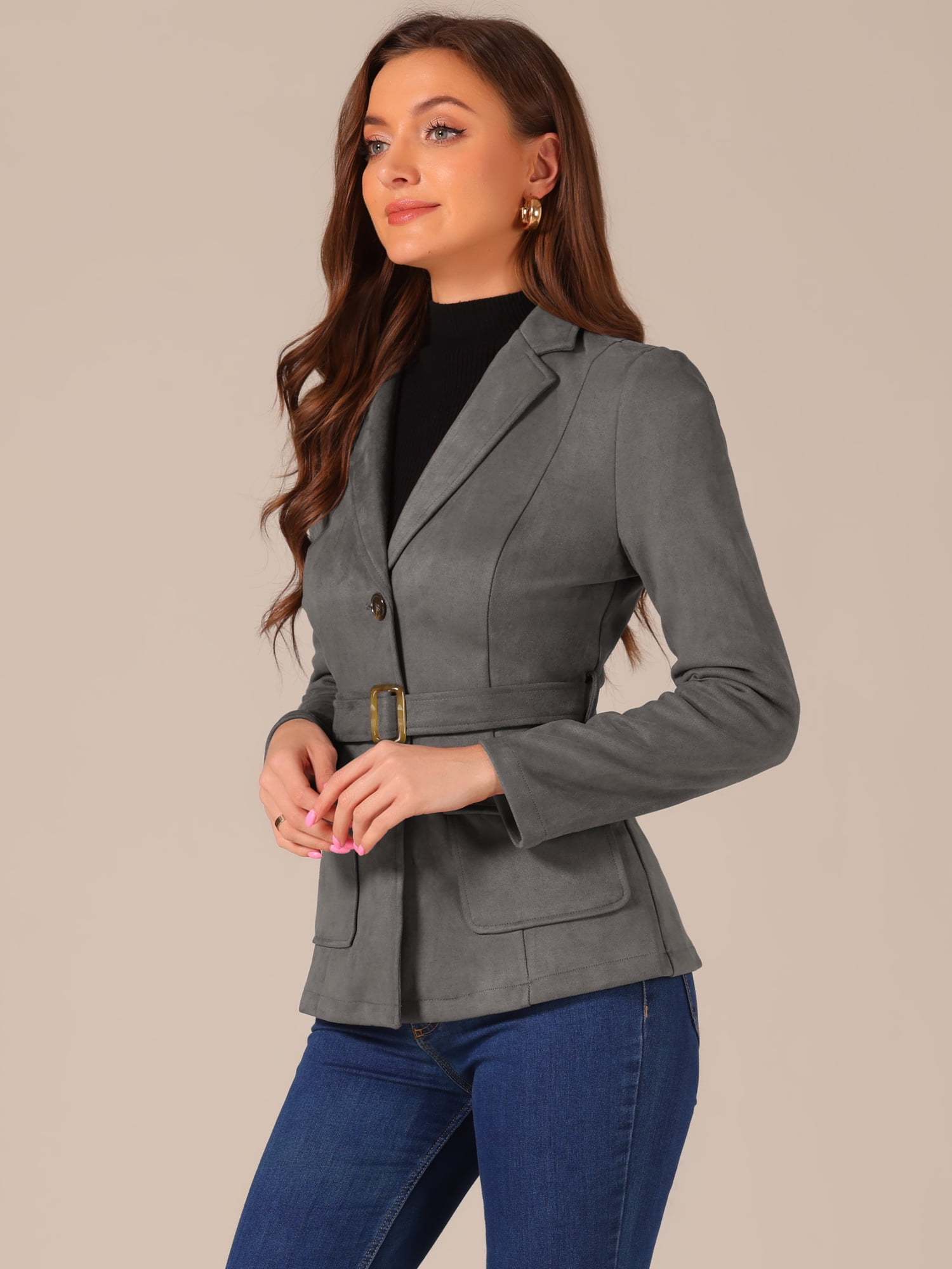 DARING DIVA Women's Faux Suede Belted Lapel Single Breasted Blazer M Dark Grey