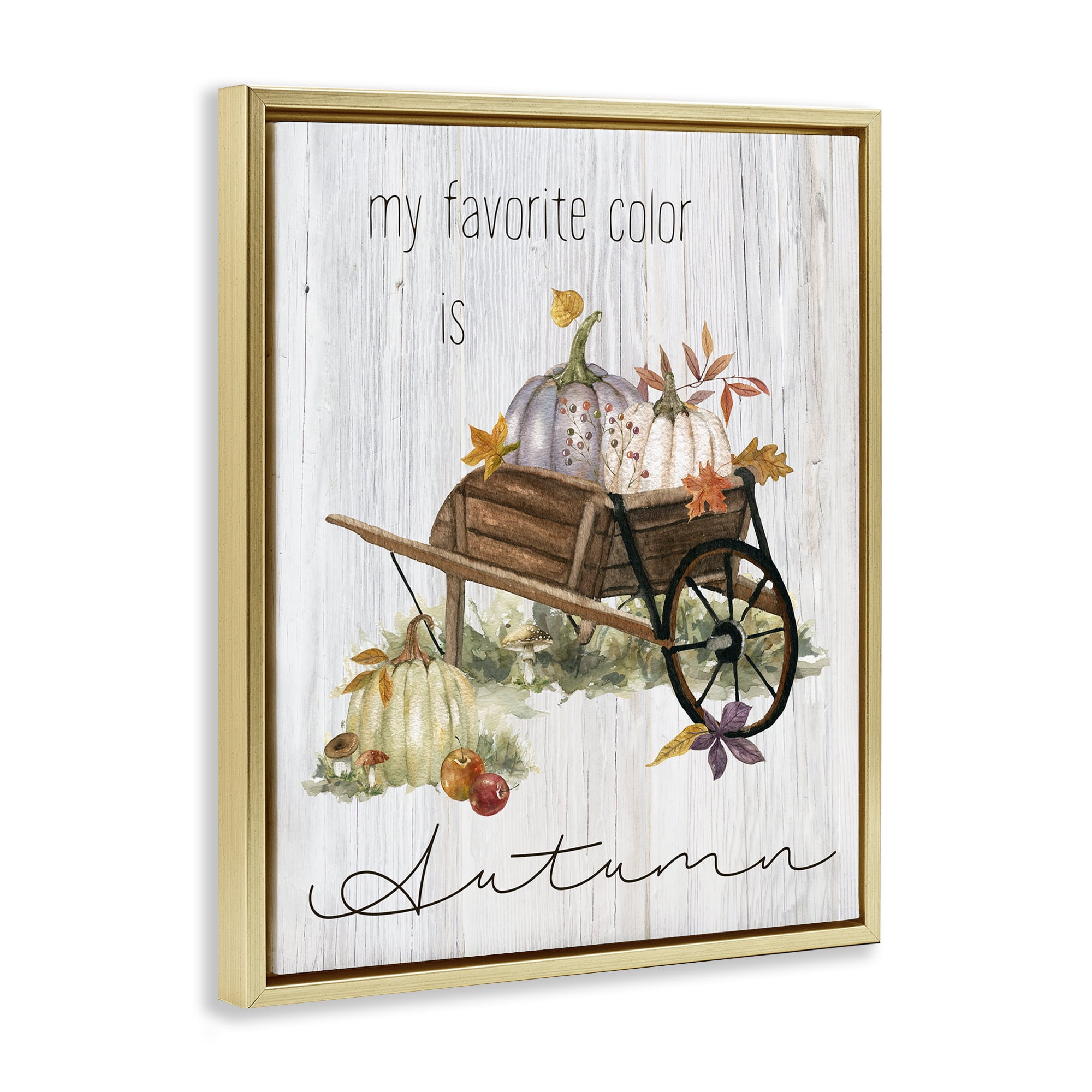 Stupell Industries Autumn Favorites Wagon Holiday Painting Gold Floater Framed Canvas Art Prints Wall Art, 17 x 21