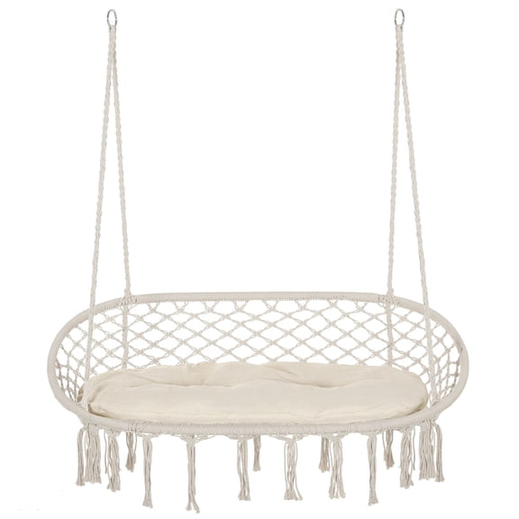 Macrame Hanging Swing Chair, Cotton Rope Seat with Cushion & Metal Frame
