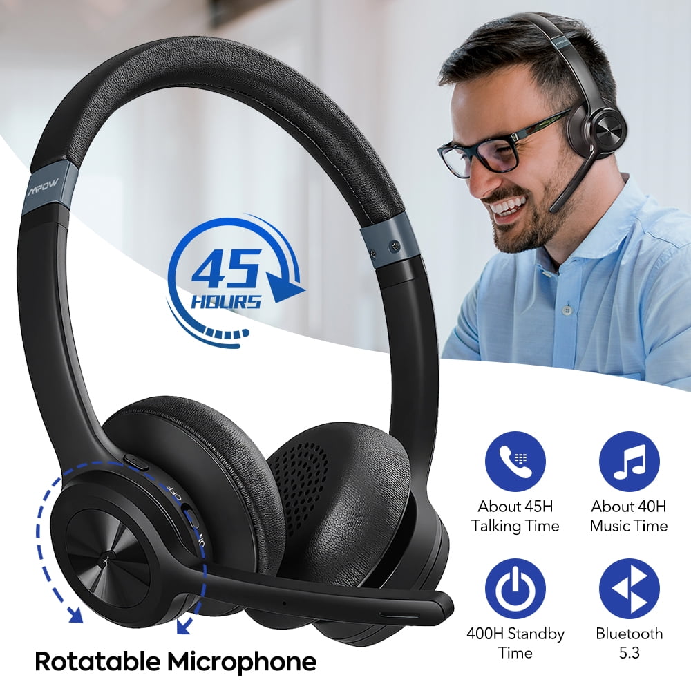 Bluetooth Headset V5.3, Superior Stereo Vibration Sound with Active Noise Cancelling Microphone, Dual Device Connection, 45H Talk Time Comfortable On-Ear Wireless Headphones for Phones, Computers