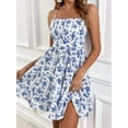 thumbnail image 3 of Women'S Floral Print Ruched Sleeveless Ruffle Hem A Line Swing Dress Blue XS, 3 of 7