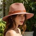 thumbnail image 3 of Sombrero de jazz para mujer de ala ancha, de piel sintética, con cinturón decorativo, sombrero de paja para la playa, tamaño ajustable, protección UV, plegable, sombrero de verano, 3 of 8