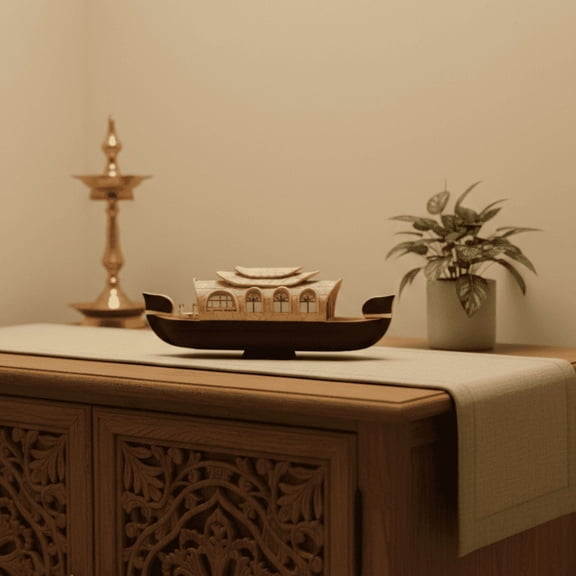 Kettuvallam Houseboat Miniature, 14 cm - Kerala’s Cultural Decor, Beige Finish