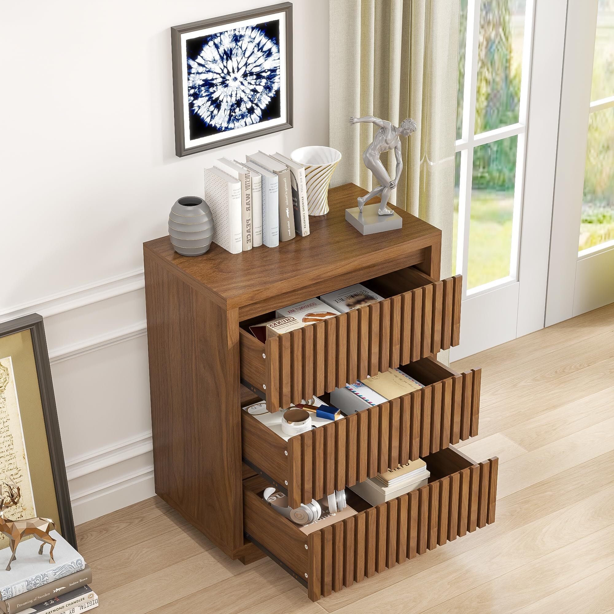 Fluted 3 Drawer Dresser, Mid Century Small Wood Chest for Bedroom, Modern Closet Clothes Organizer, Walnut Brown Storage Cabinet
